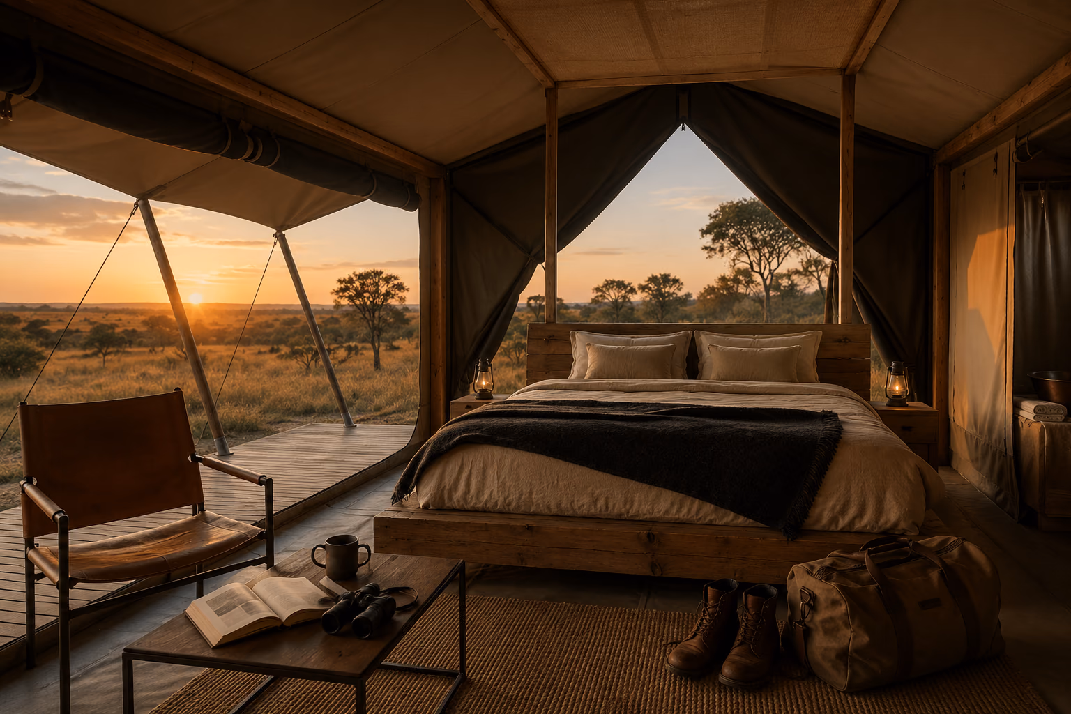 Safari tent bedroom opening onto a savannah at sunset