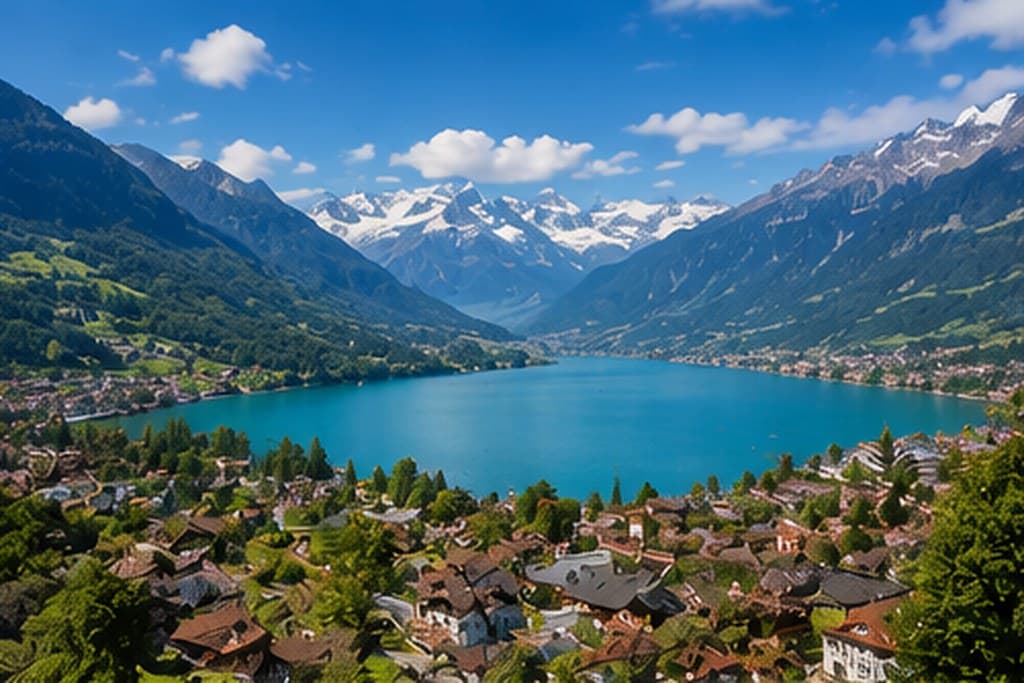 An alpine lake below snow-capped peaks