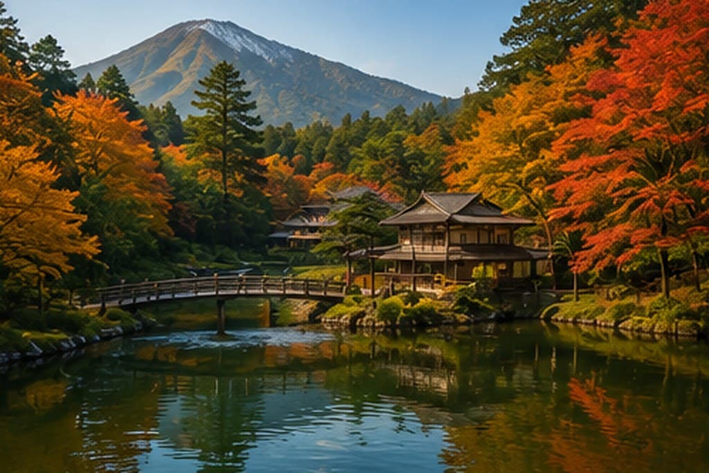 A wooden teahouse among autumn maples, Japan