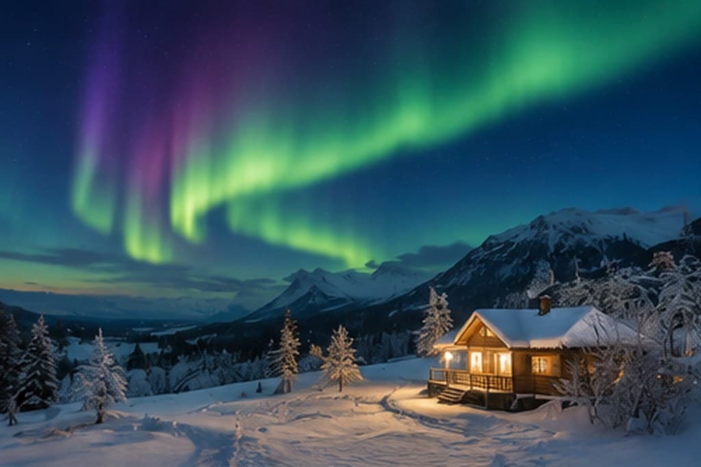 A cabin beneath the northern lights