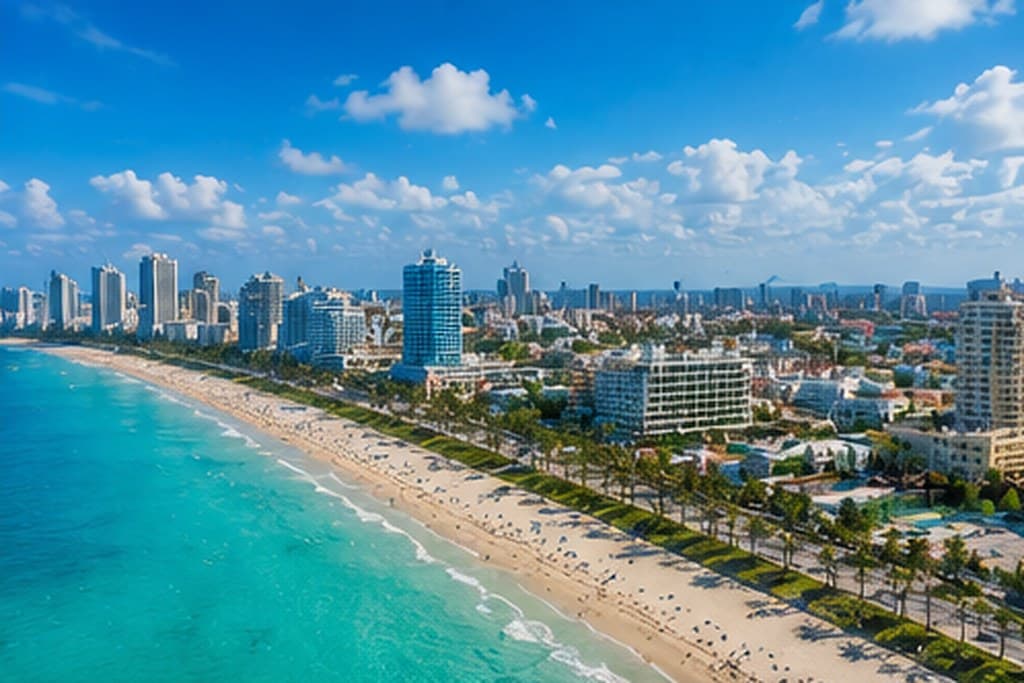 A wide city beach backed by high-rise buildings