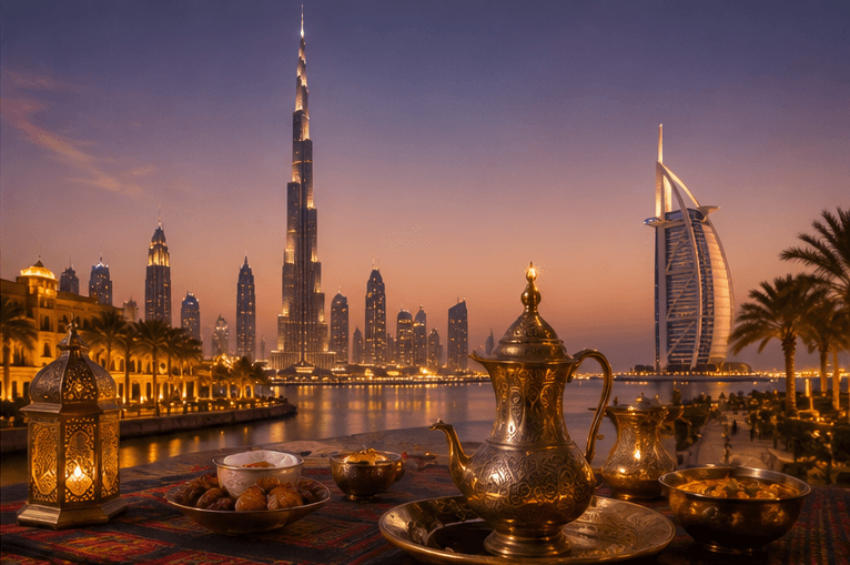 Arabic coffee and dates with the Dubai skyline, including Burj Khalifa, at dusk