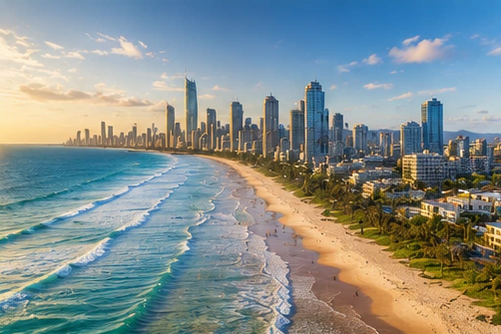 Surf breaking along the beach at Surfers Paradise on the Gold Coast, Australia