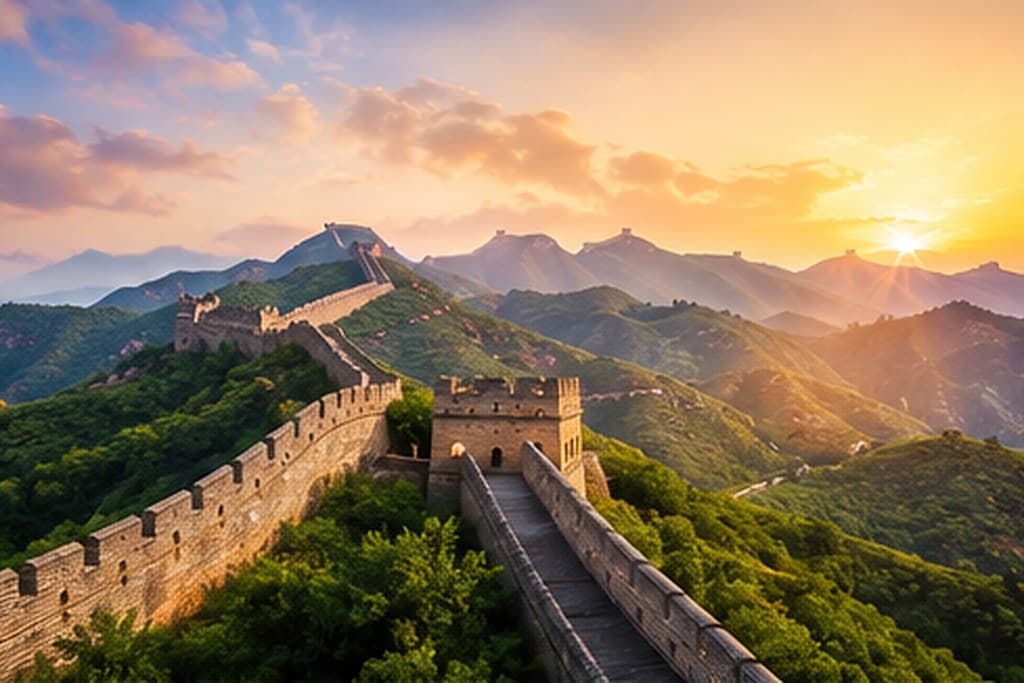 The Great Wall of China running along a forested ridge