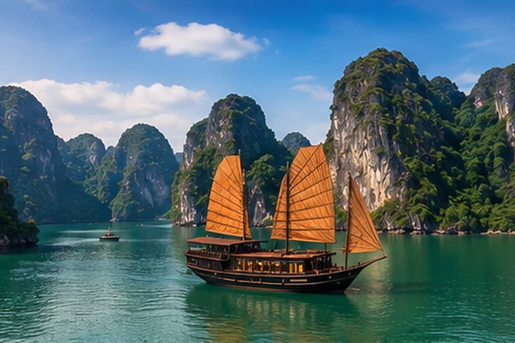 Limestone karsts rising out of Ha Long Bay, Vietnam