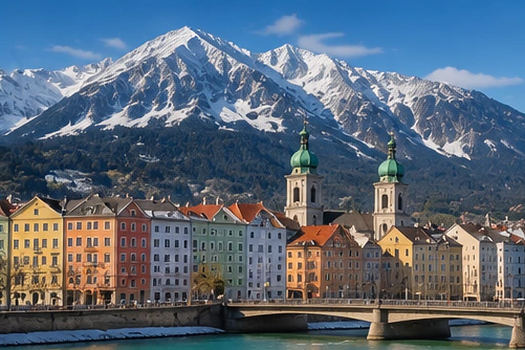 The coloured facades of Innsbruck's old town below the Alps, Austria