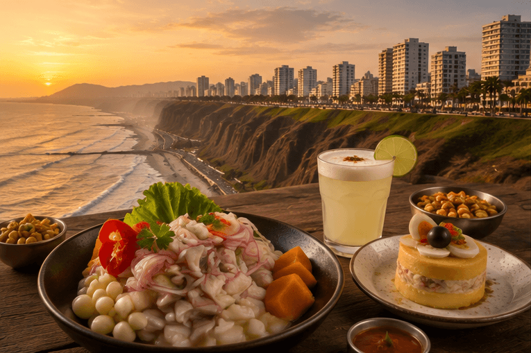 Ceviche and a pisco sour on a table overlooking Lima's coastal cliffs at sunset