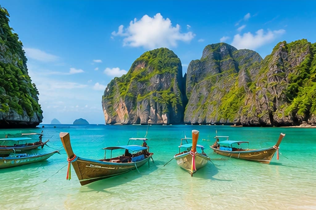 Longtail boats moored below limestone cliffs at Maya Bay, Thailand