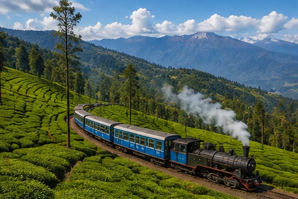 A narrow-gauge mountain railway climbing through hill country