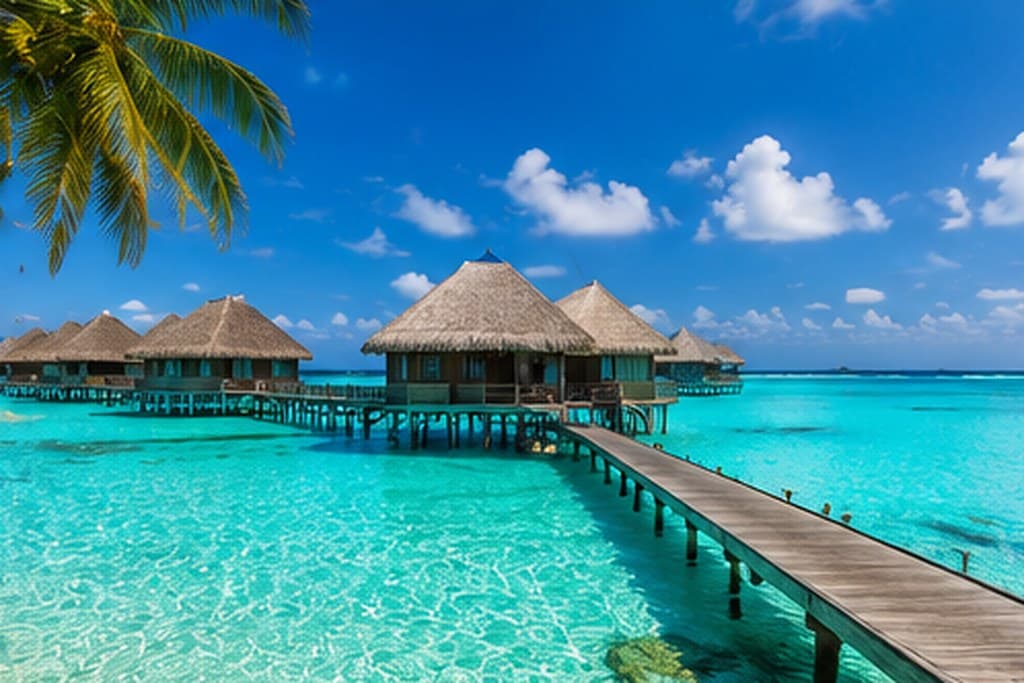 Overwater villas on a turquoise lagoon, Maldives