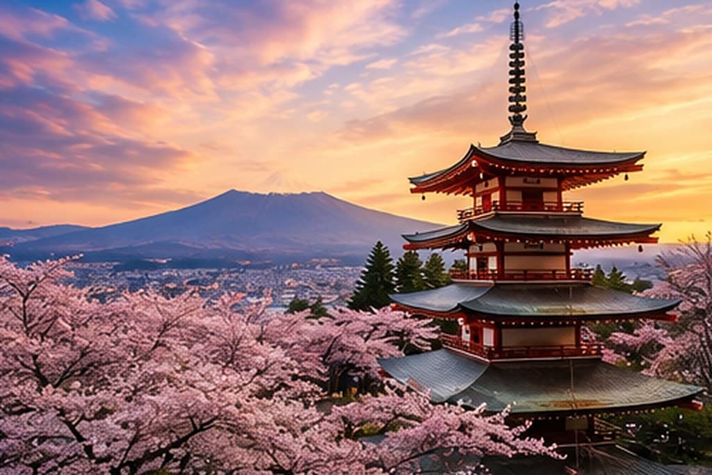 A pagoda on a hillside with a snow-capped volcano beyond, Japan