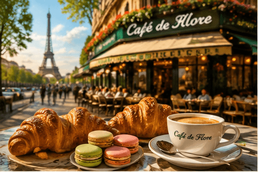 A pavement cafe with coffee and pastry