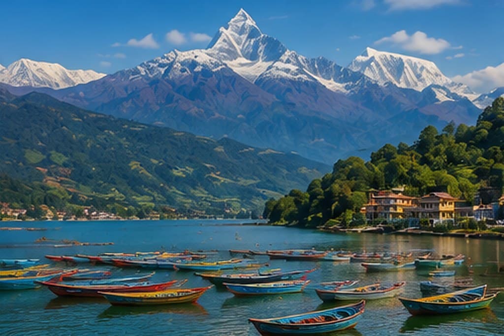 Wooden boats on Phewa Lake below the Annapurna range, Nepal