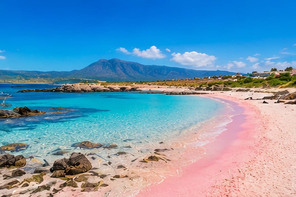 Pink-tinged sand meeting clear shallow water