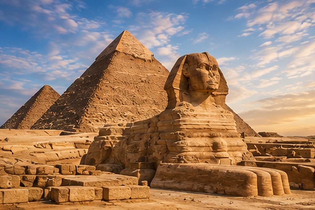 The Great Sphinx with the pyramids of Giza behind it, Egypt