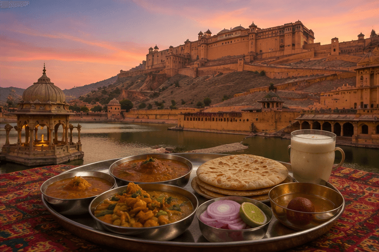 A Rajasthani thali overlooking a hilltop fort at sunset
