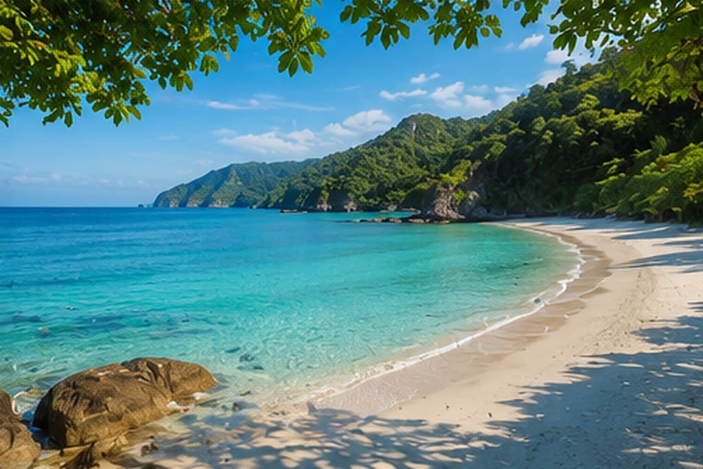A secluded white-sand cove fringed by forest