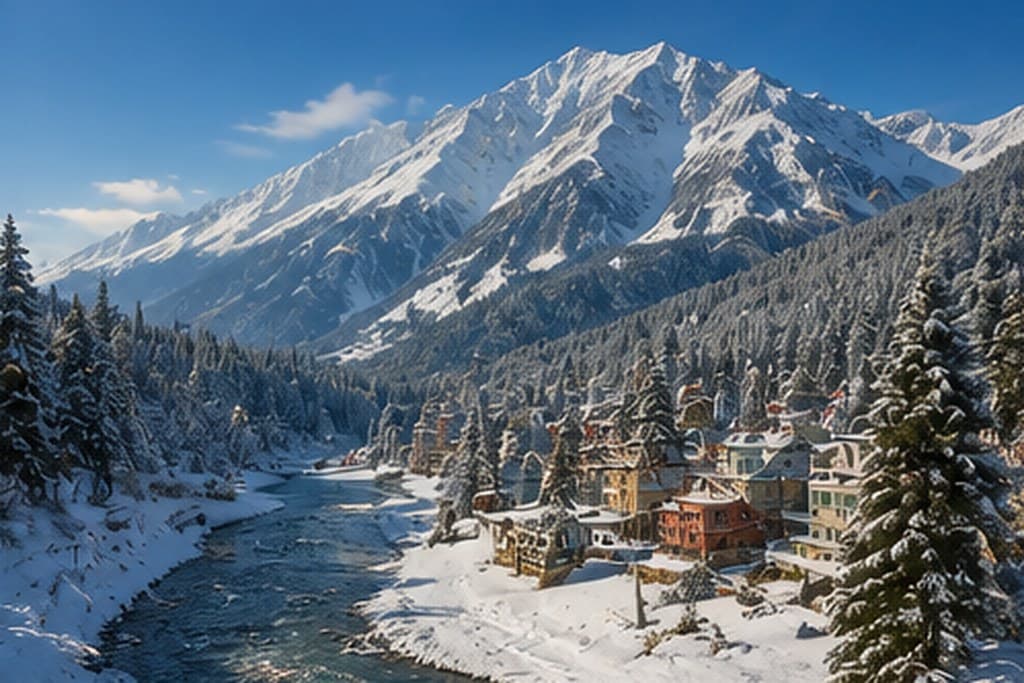 A snowbound mountain village under heavy cloud
