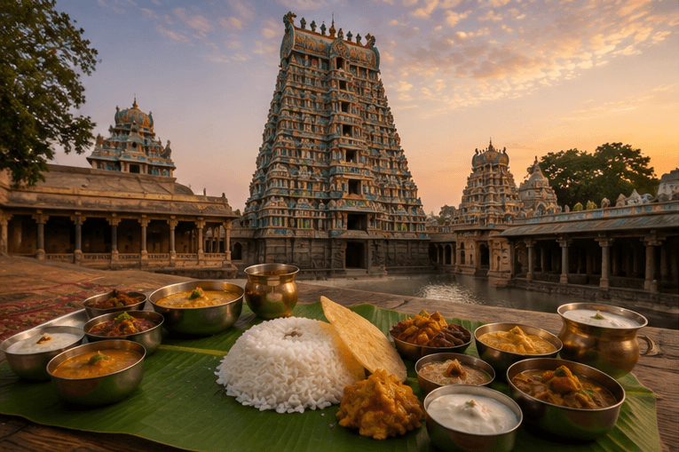 A banana-leaf thali in front of a temple gopuram
