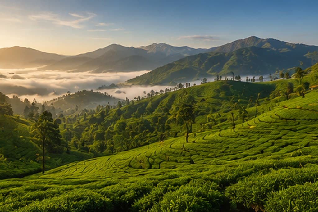 Tea terraces stepping down a hillside under morning mist