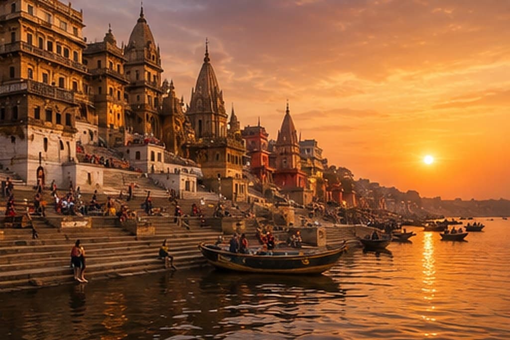 Steps and riverfront buildings along the ghats at Varanasi, India
