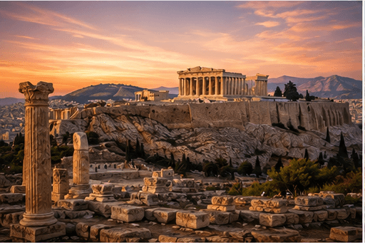 A classical temple on a rocky hill above a city