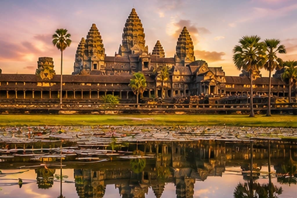 Angkor Wat reflected in its moat at sunrise, Cambodia