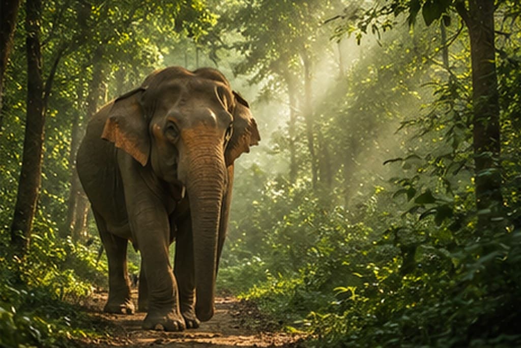 An Asian elephant on a forest trail