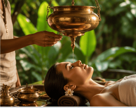 An Ayurvedic oil treatment in a quiet room