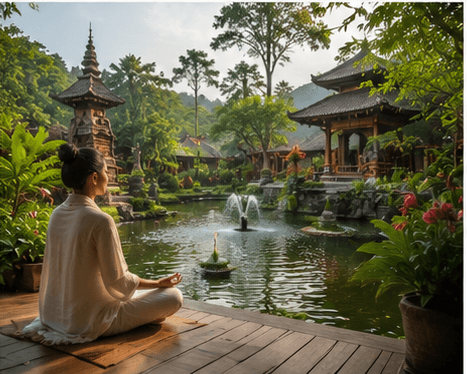 Meditation on stone steps at a temple gate