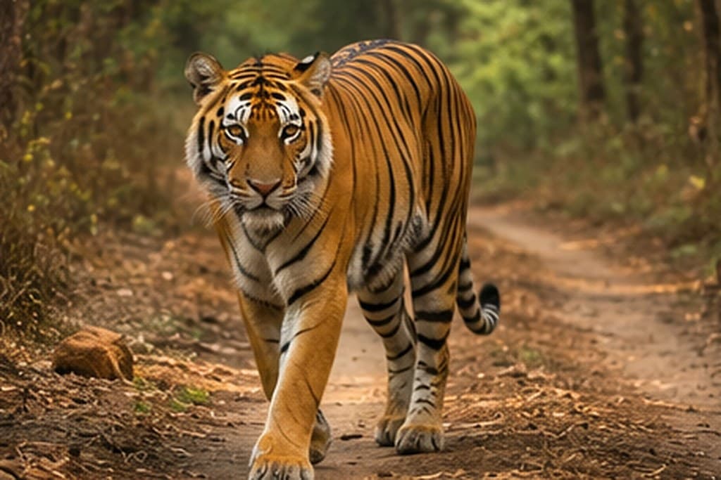 A Bengal tiger walking along a forest track at dawn