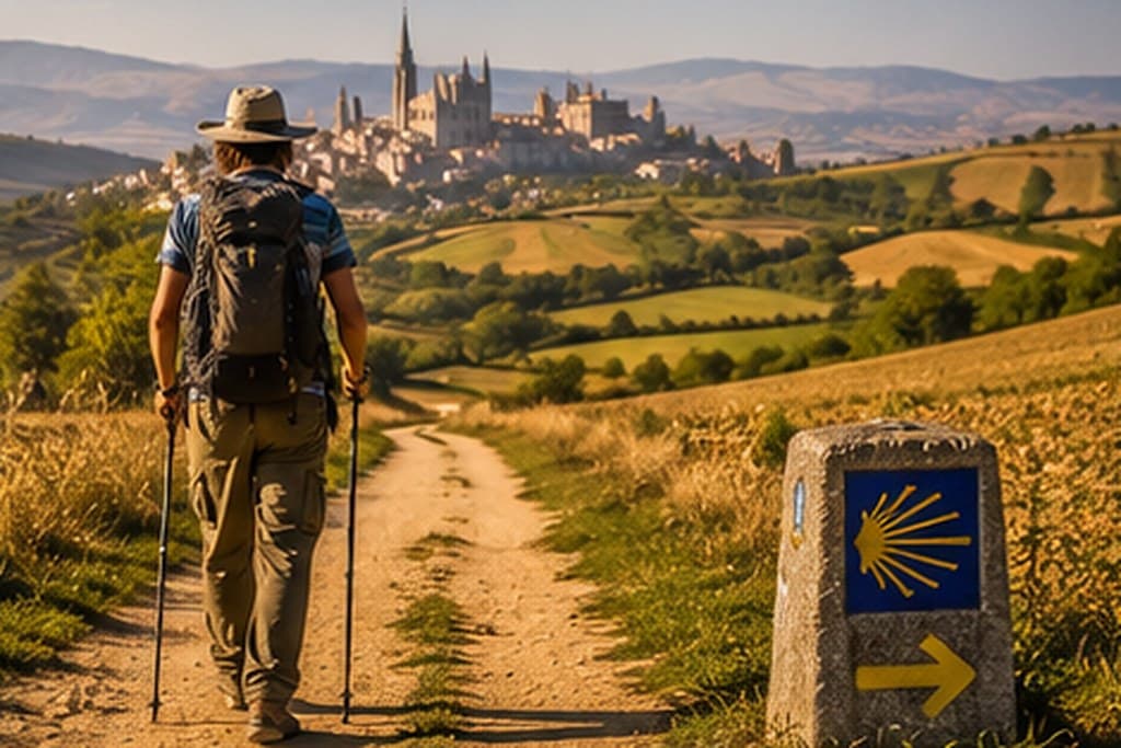A waymarked pilgrim path through open country on the Camino de Santiago, Spain