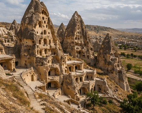 Cave dwellings cut into pale volcanic cones