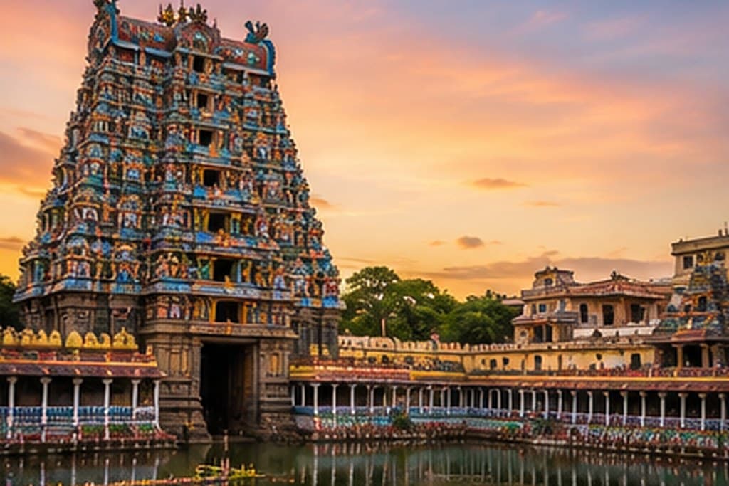 A Dravidian temple gopuram rising above its water tank