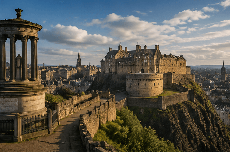 Edinburgh Castle on its hill above the city at golden hour