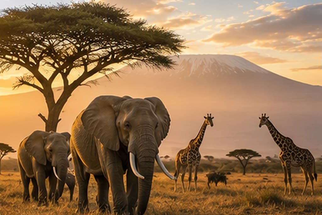 Elephants crossing open savannah below a distant snow-capped peak