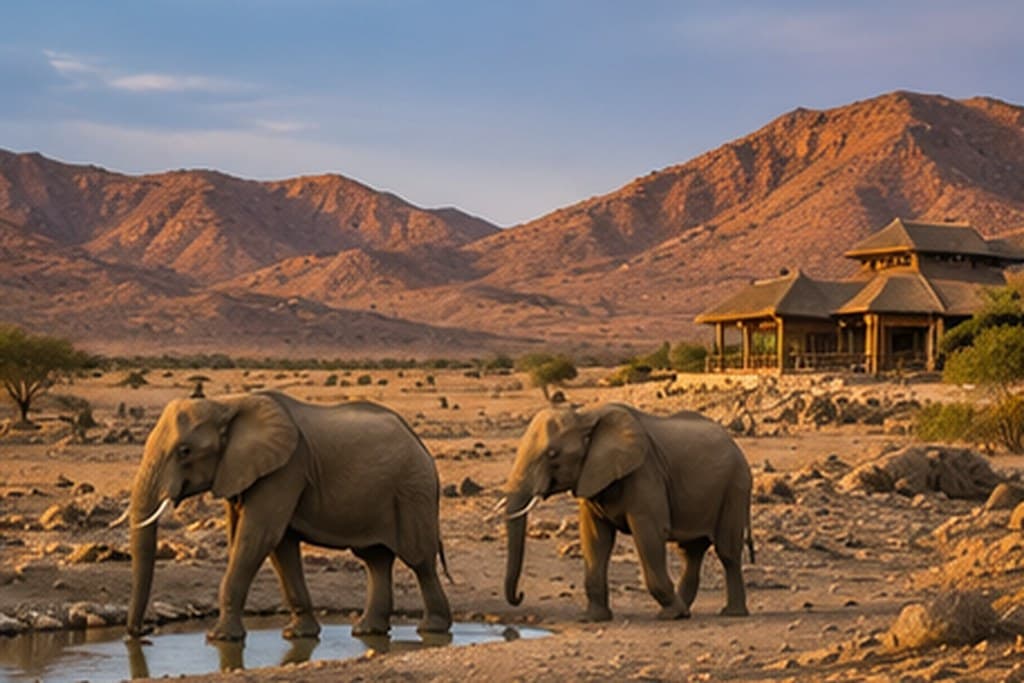 Elephants gathered at a waterhole below a safari lodge