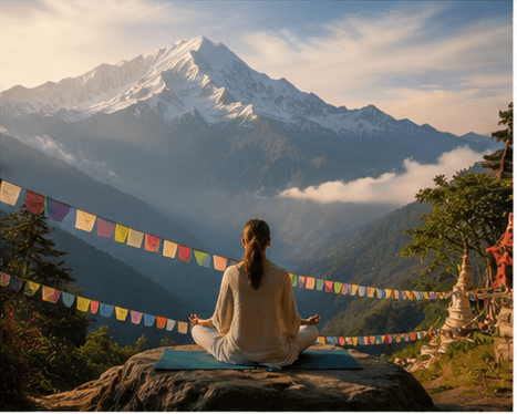 Meditation facing a snow-capped mountain range