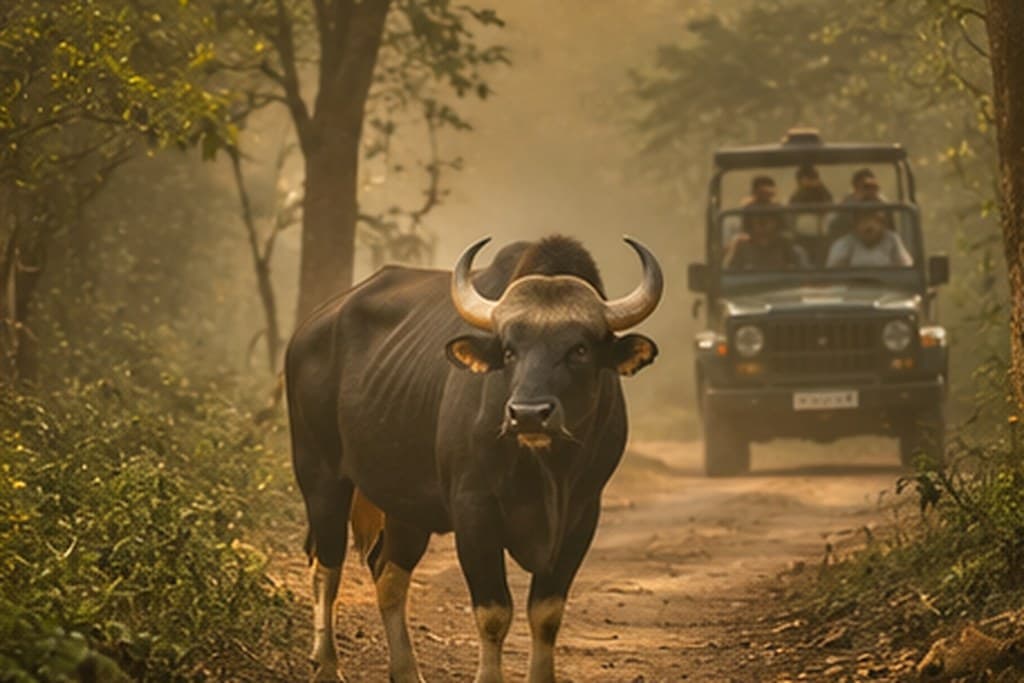 Indian gaur seen from a safari jeep
