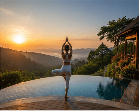 A yoga pose at the edge of a pool