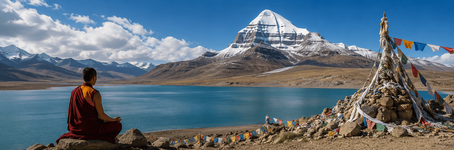 A monk meditating beside a lake facing snow-capped Mt. Kailash
