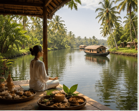 Yoga on a houseboat deck among palms
