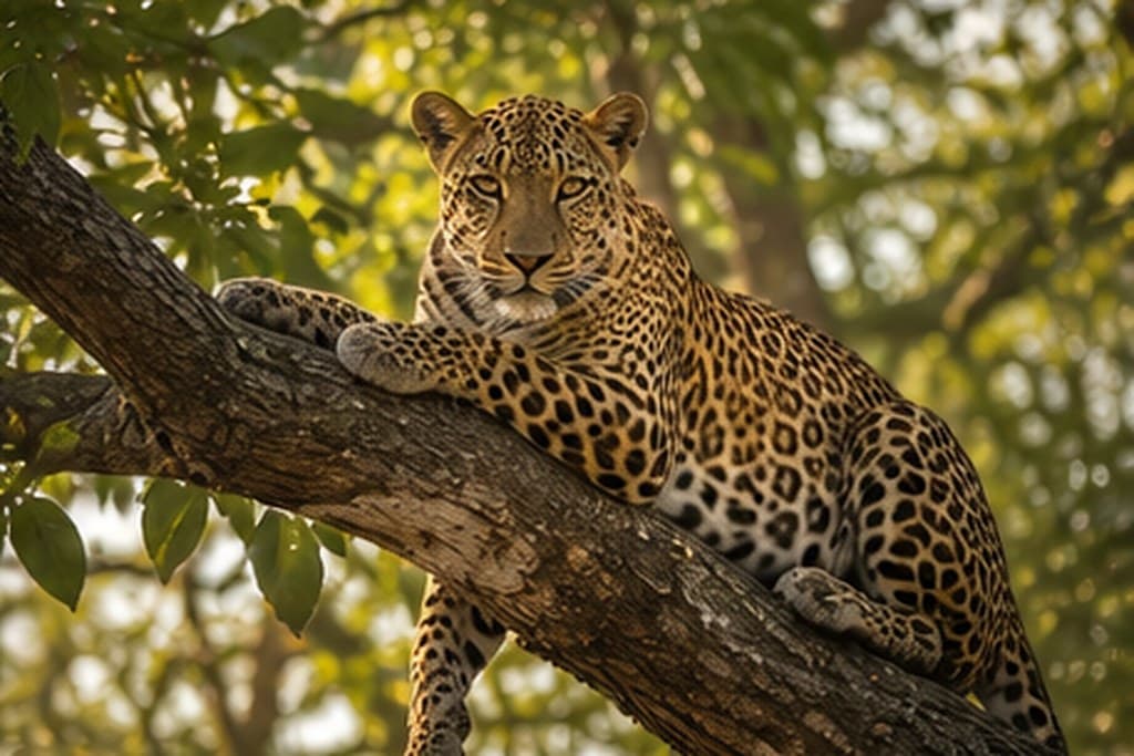A leopard resting along a horizontal tree branch