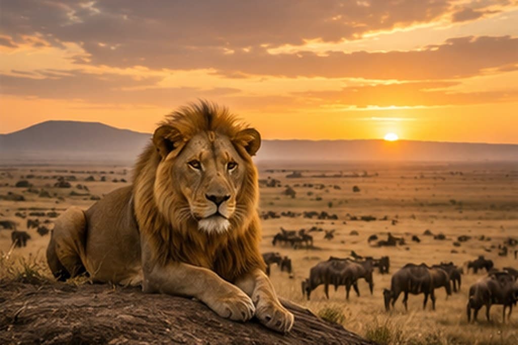 A lion at sunrise on the open grassland of the Masai Mara, Kenya