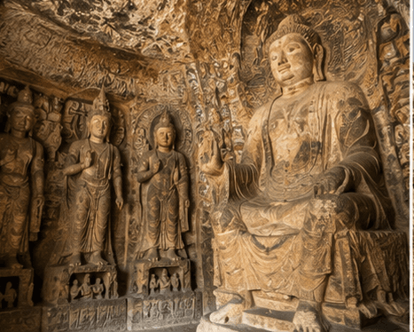 A monumental Buddha carved into a cliff