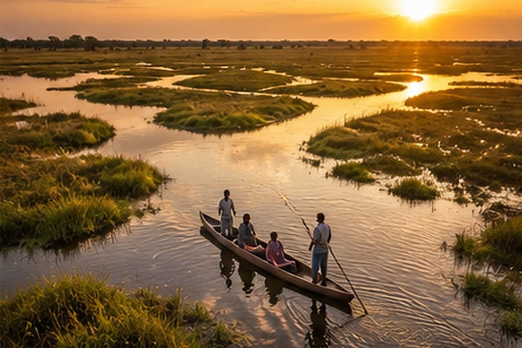 A mokoro canoe poled through the reed channels of the Okavango Delta, Botswana