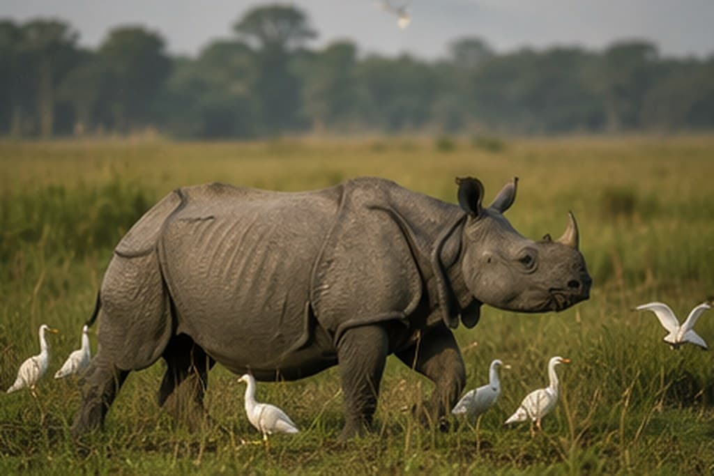 A one-horned rhinoceros in the grasslands of Kaziranga, India