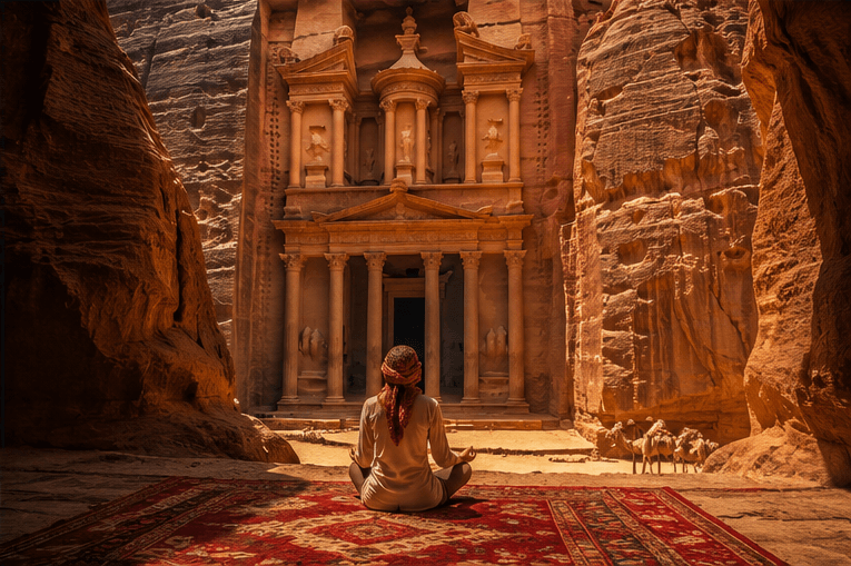 A person seated in meditation facing the Treasury at Petra