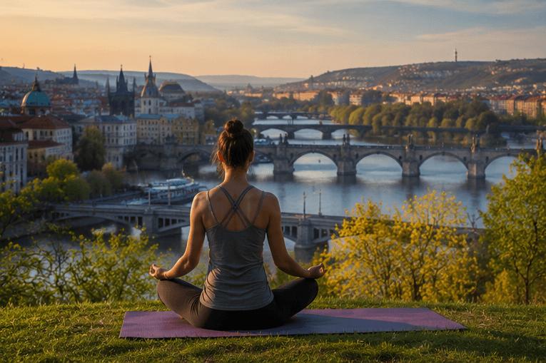 A woman in a seated yoga pose overlooking Prague and the Vltava river