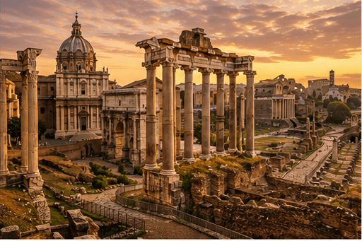 Ruined columns and paving in an ancient forum